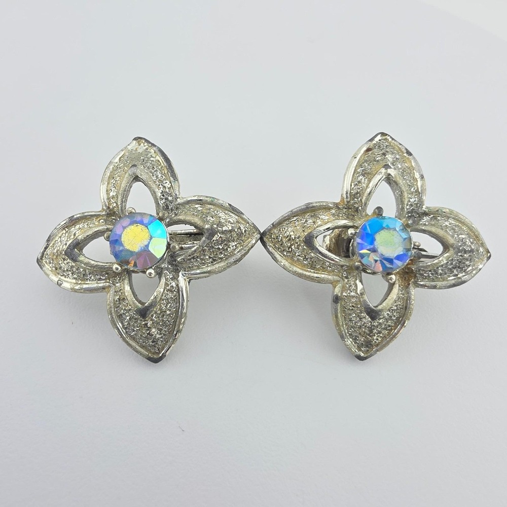 Vtg CORO Clip-On Earrings AB SWAROVSKI Crystal Flower Mid-Century Silver Plate